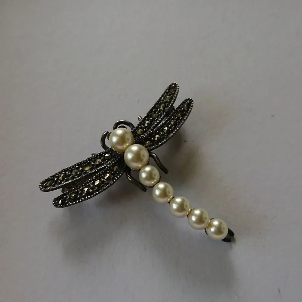Silver & pearl with black crystal dragonfly brooch